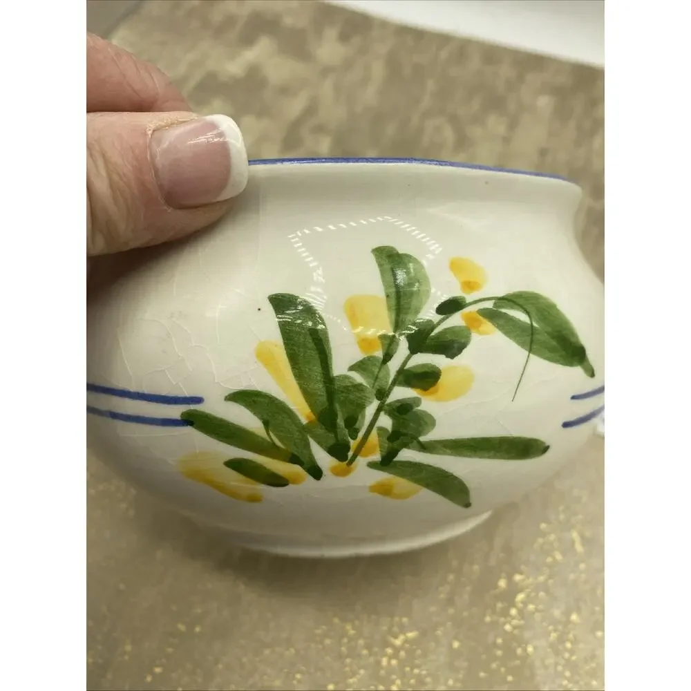 Vintage Hand Painted Rice/Soup Bowl 5” Diameter Blue & Yellow Floral Design